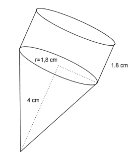 Figuren består av en kjegle med en sylinder festet på. Radien i begge to er 1,8 cm. Høyden i kjegla er 4 cm, mens høyden i sylinderen er 1,8 cm.